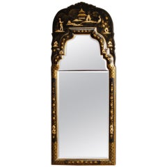 20th Century Black Lacquered and Painted Chinoiserie Wood French Mirror, 1960