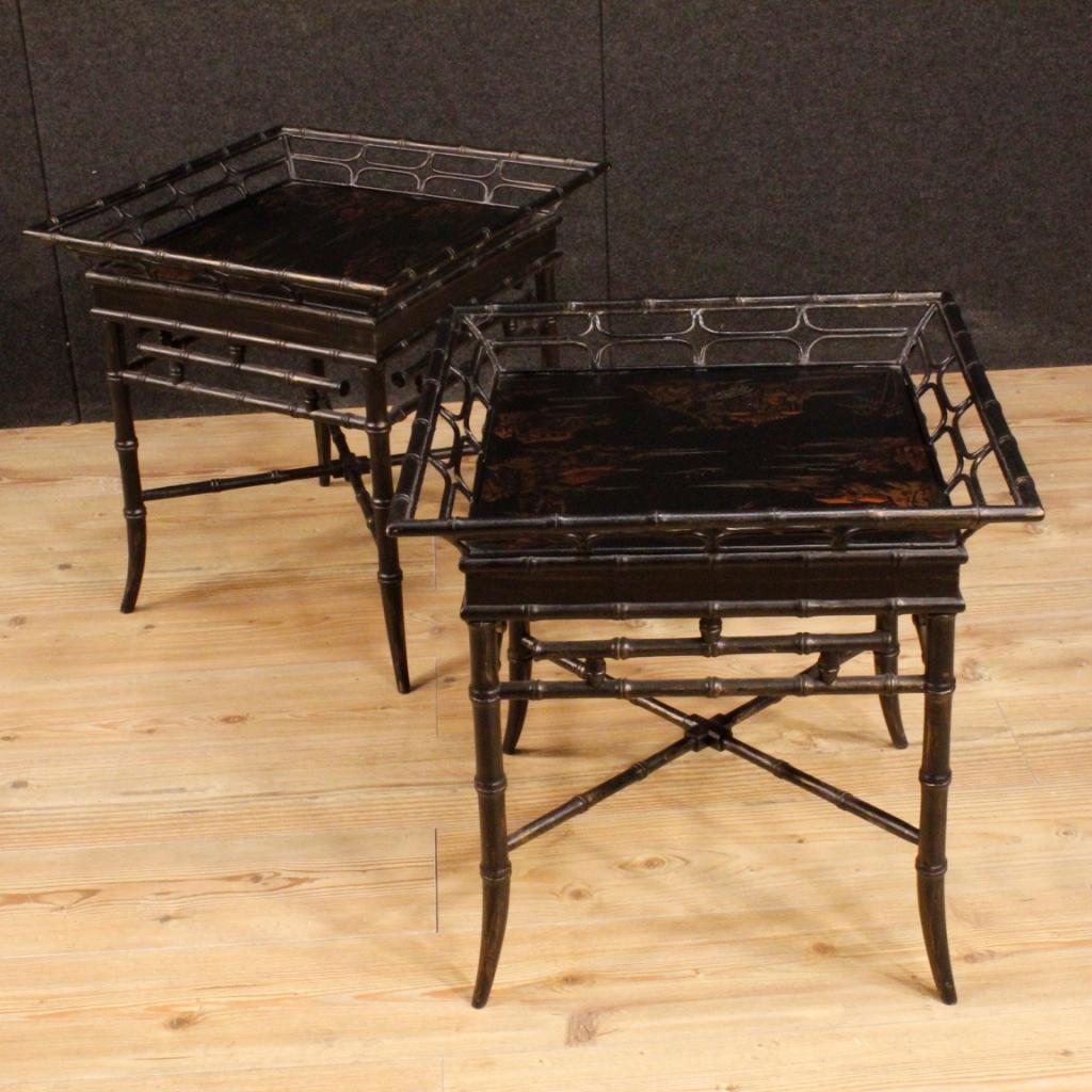20th Century Black Lacquered Chinoiserie Wood, Metal French Coffee Tables, 1970 5