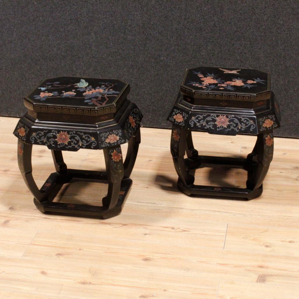 20th Century Black Lacquered Wood French Chinoiserie Stools, 1970 8
