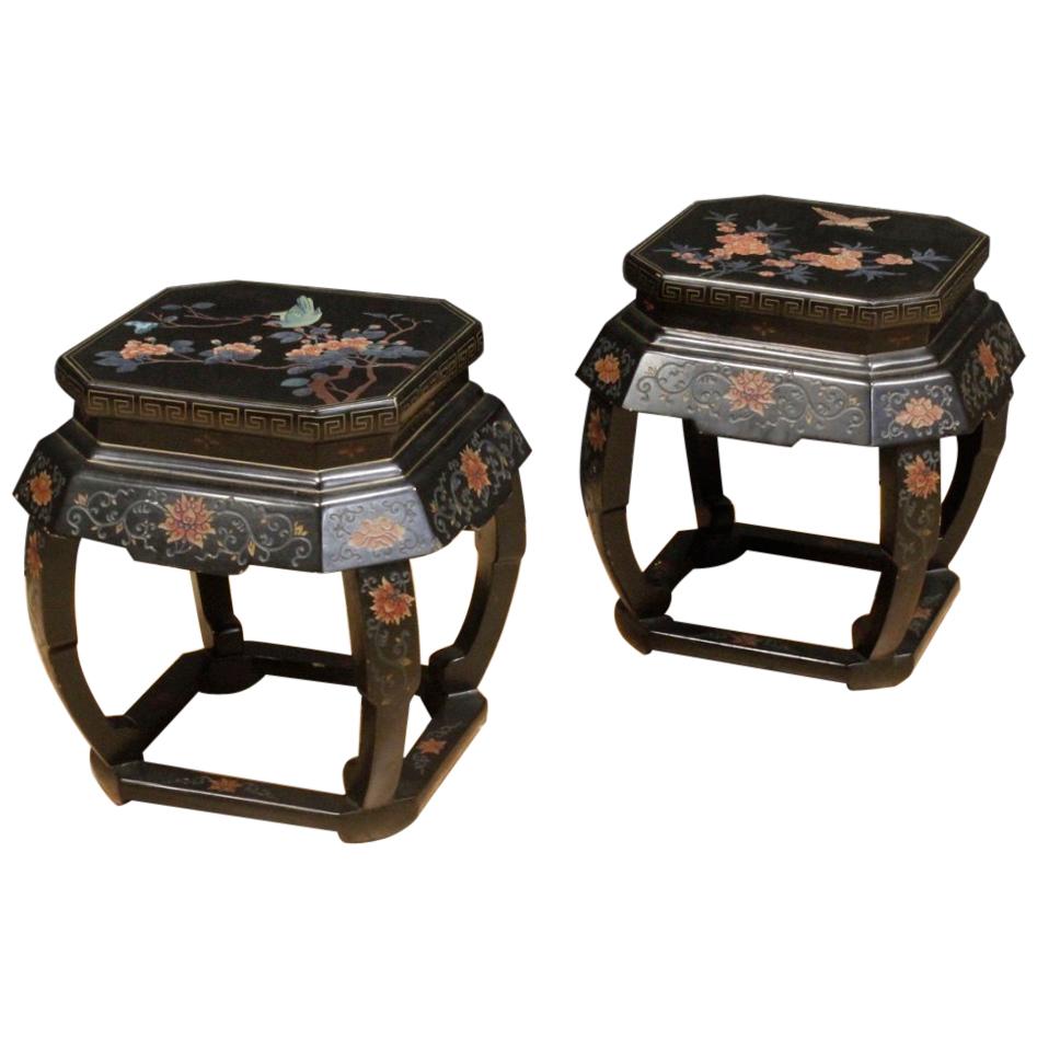 20th Century Black Lacquered Wood French Chinoiserie Stools, 1970