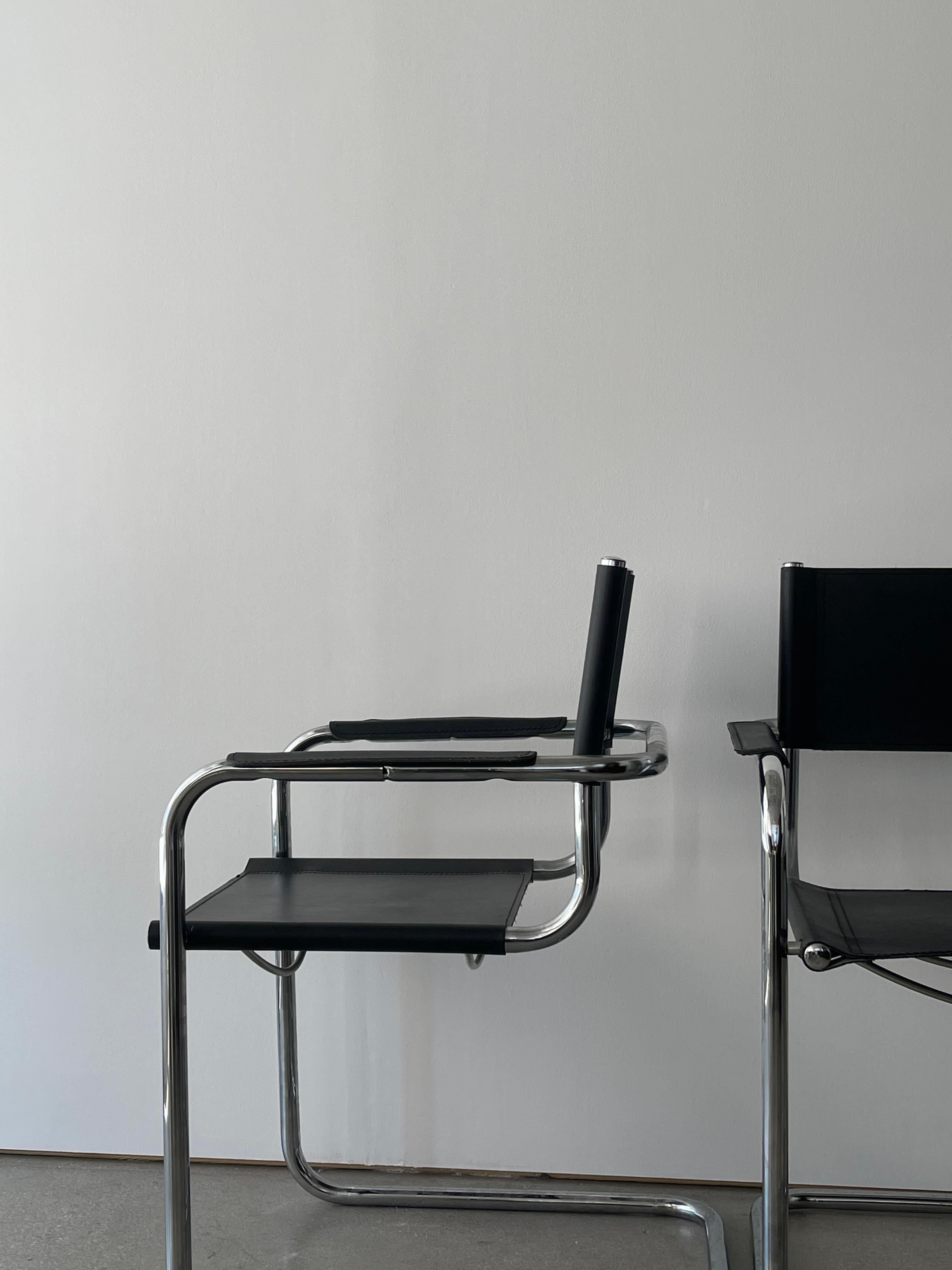 Metal 20th Century Black Leather and Chrome Bauhaus Style Side Chair