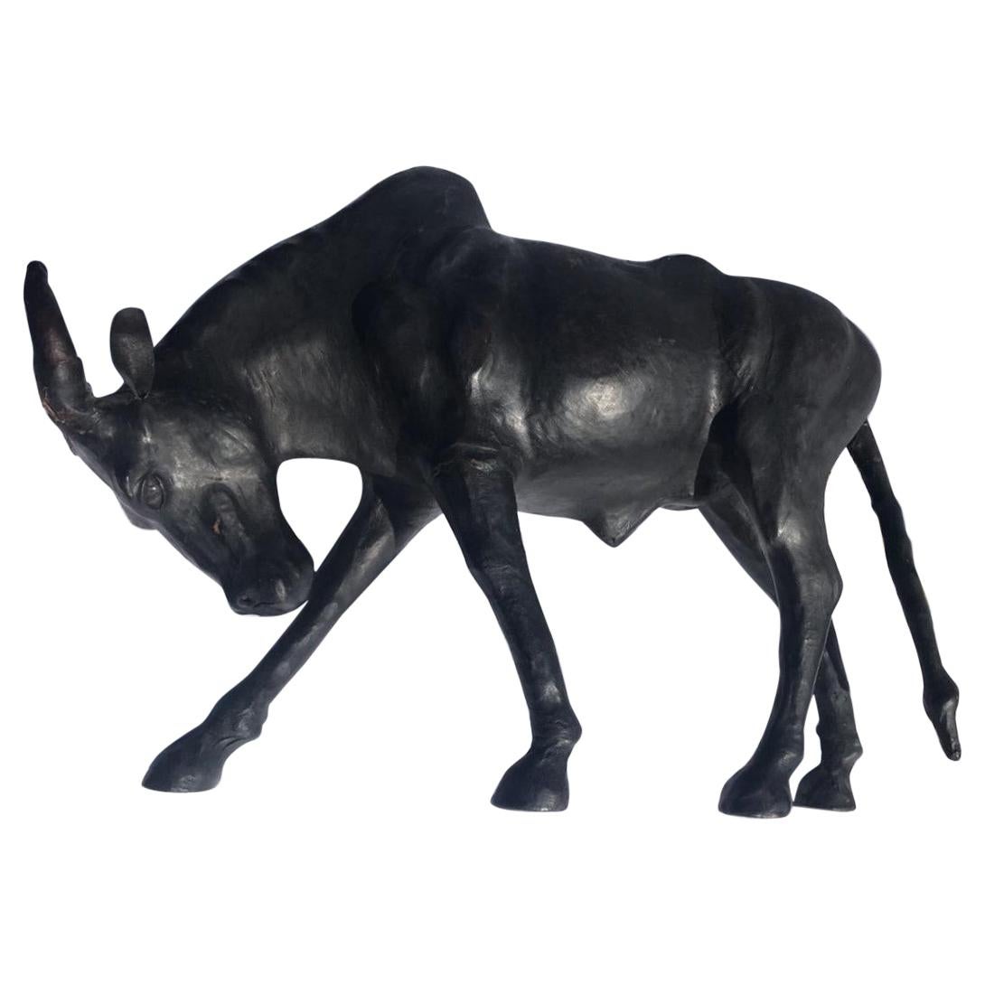 20th Century Black Leather Bull with Glass Eyes