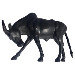 20th Century Black Leather Bull with Glass Eyes