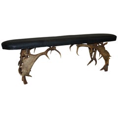 20th Century Black Leather Fallow Antler Bench