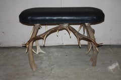 20th Century Black Leather Top Bench with Stag Antler Base