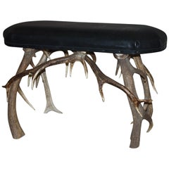 20th Century Black Leather Top Bench with Stag Antler Base