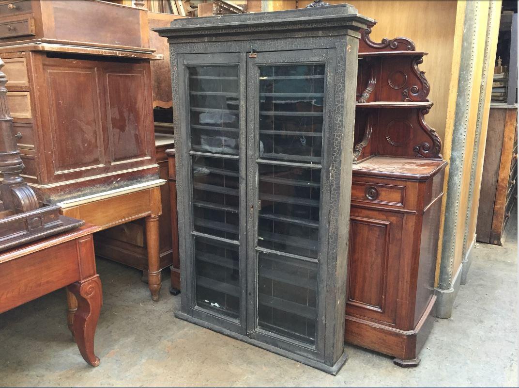 20th century black painted craquelé wood French two doors display cabinet with shelves.
