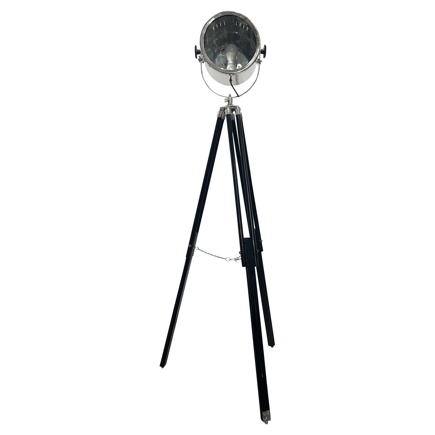 20th Century Black-Silver French Walnut Spotlight - Cinema Floor Studio Lamp