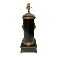 20th Century Black Tole Column Lamp with Brass Lion Pulls
