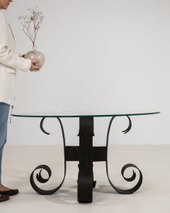 20th Century Black Wrought Iron Table With Glass Top