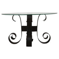 20th Century Black Wrought Iron Table With Glass Top