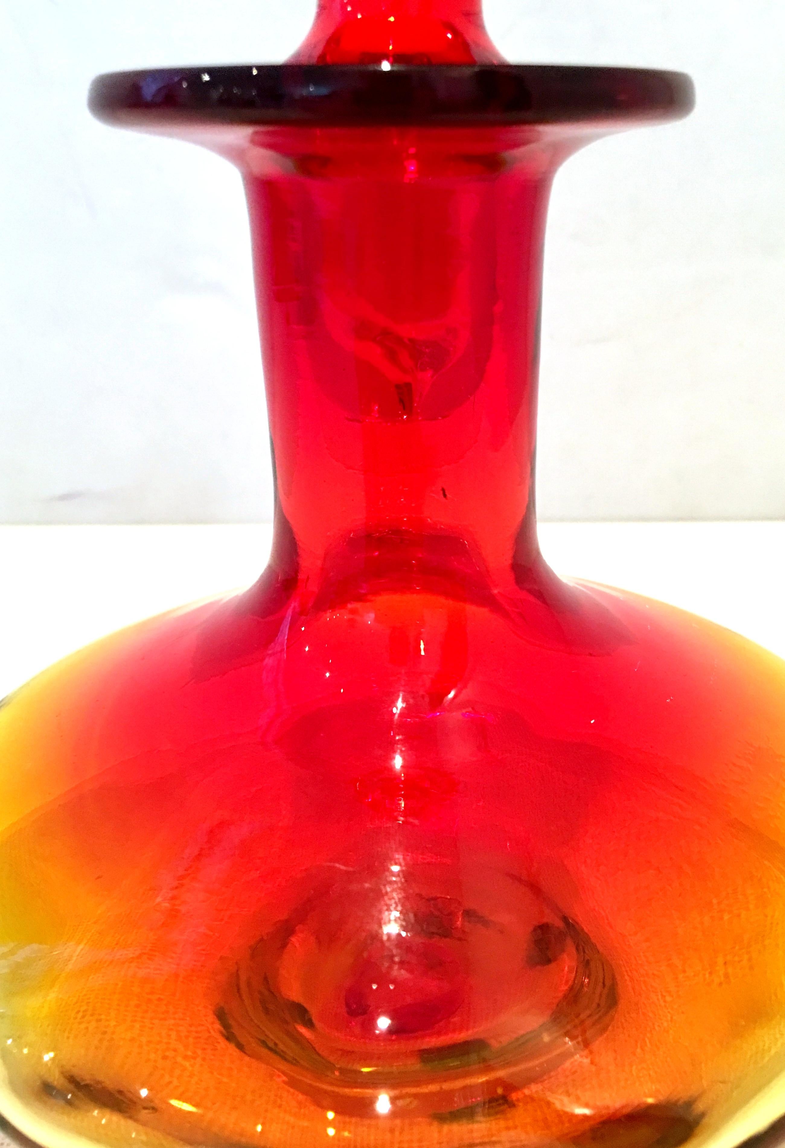 20th Century Blenko Style Blown Art Glass Amberina Optic Decanter & Stopper 1