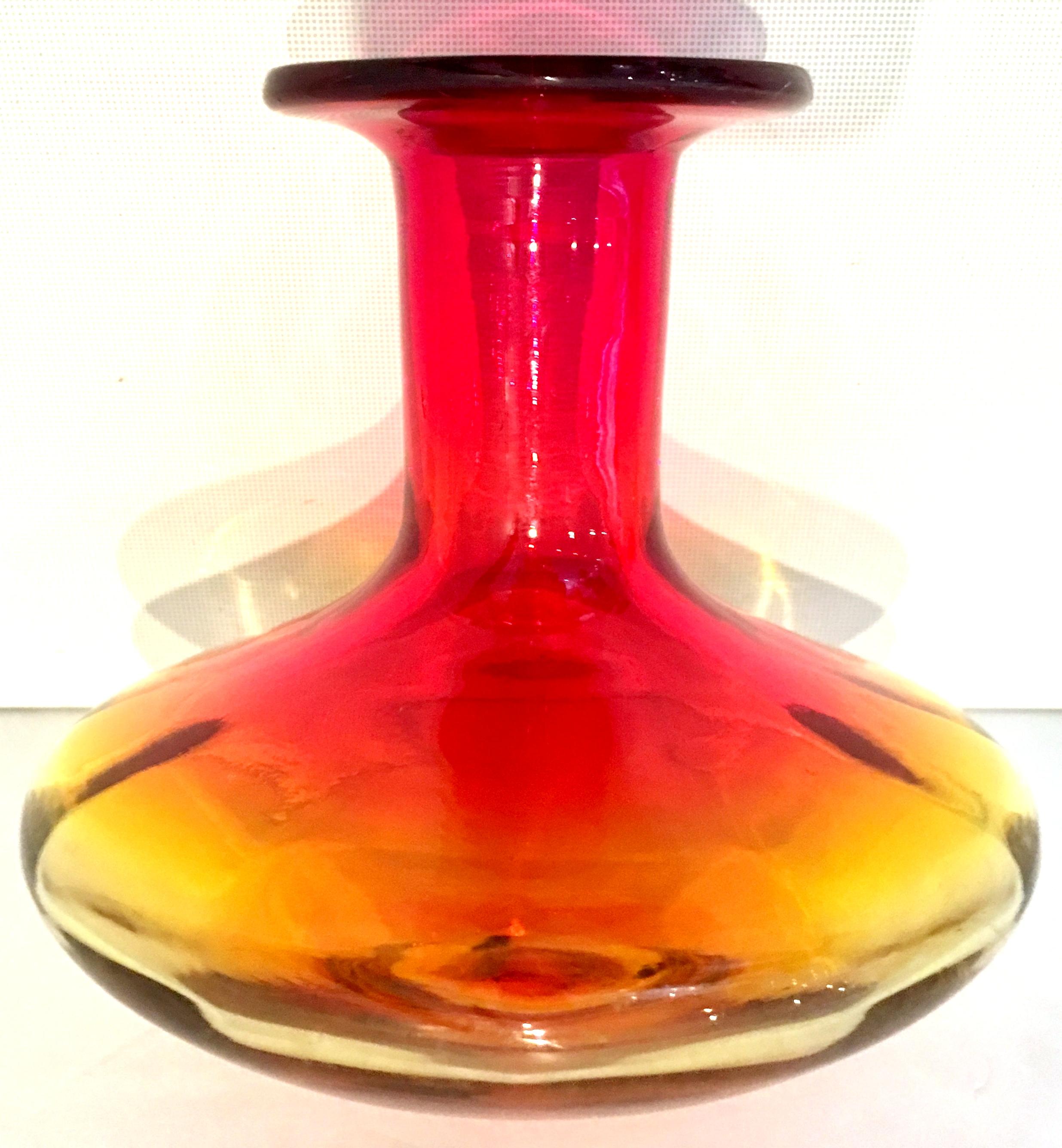 American 20th Century Blenko Style Blown Art Glass Amberina Optic Decanter & Stopper