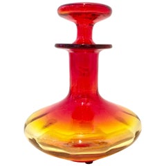 Vintage 20th Century Blenko Style Blown Art Glass Amberina Optic Decanter & Stopper