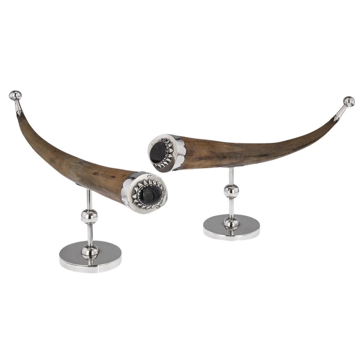 Pair of Decorative Malachite Embellished Bull Horns by Anthony J