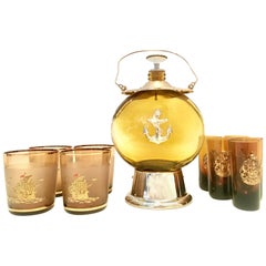 Retro 20th Century Blown Glass and Gilt Brass Nautical Musical Drinks, S/10