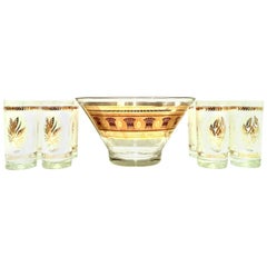 20th Century Blown Glass Printed 22-Karat Gold Drinks Set of Nine Pieces, Culver