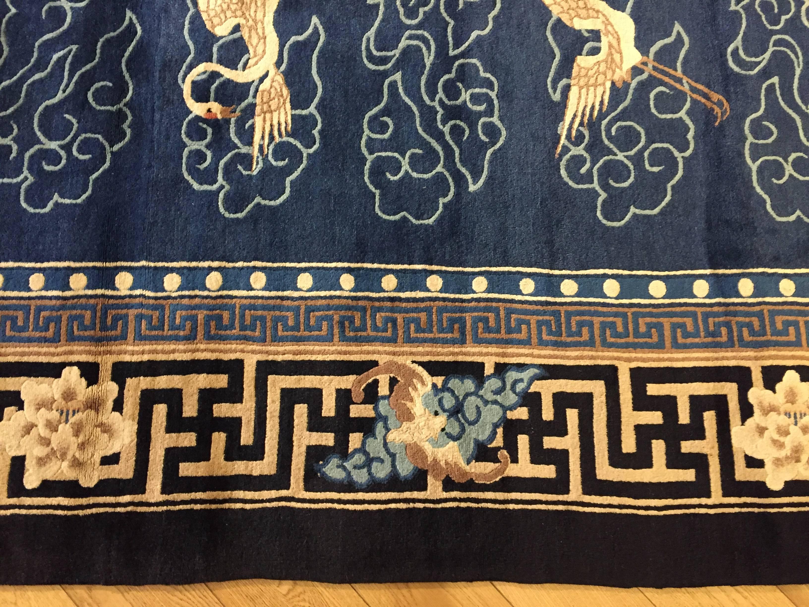 20th Century Blu White Wool Birds Stork Cloud Bat Pekino Chinese Rug, 1920s  7