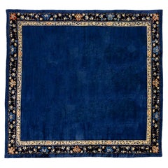 20th Century Blu with Flower Border Wool Peking Chinese Rug, 1920s