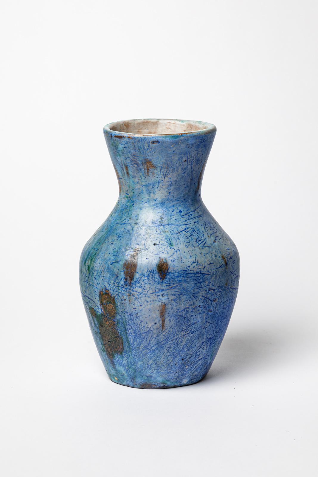 Mid-Century Modern 20th century blue abstract ceramic vase design unique piece 22 cm For Sale