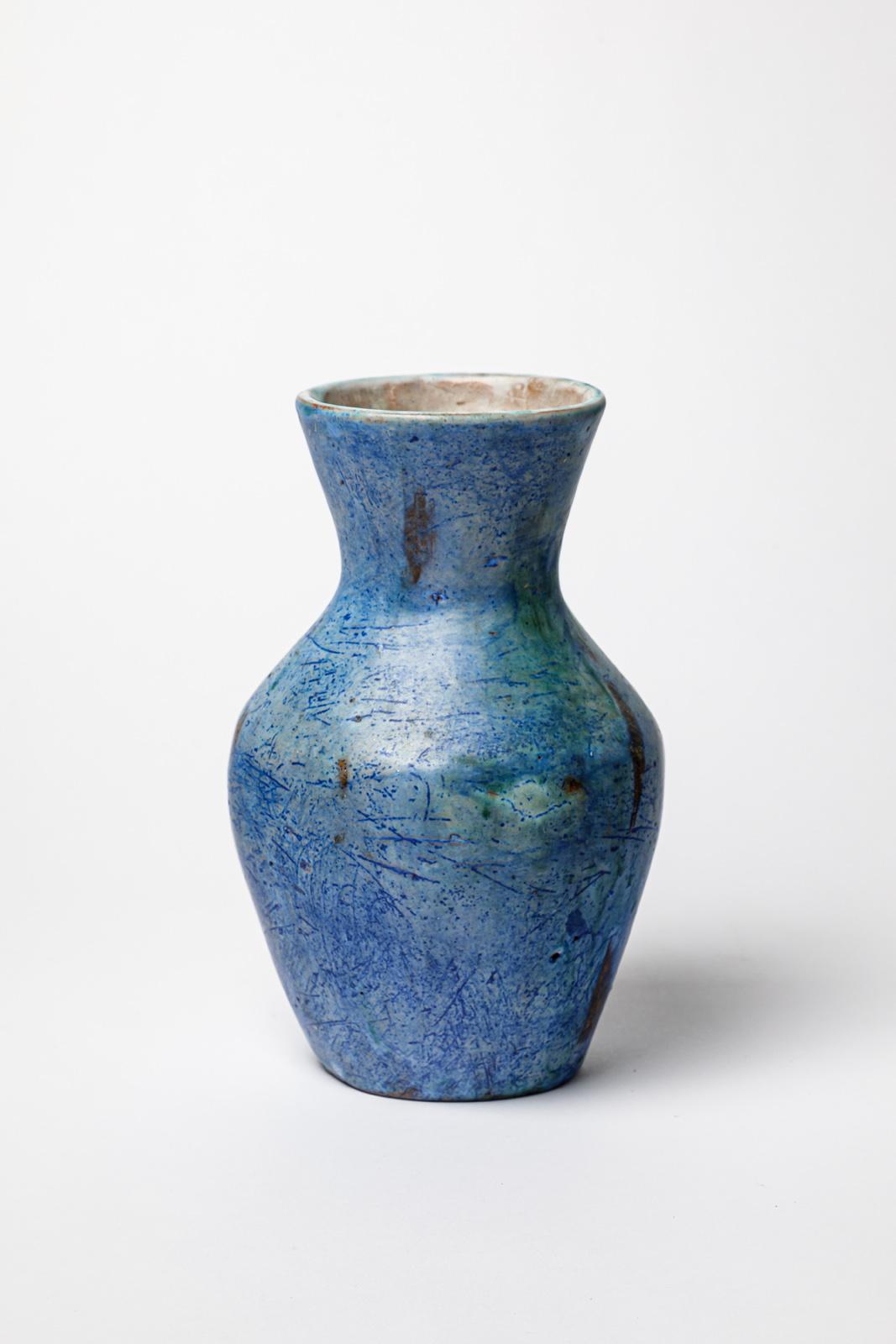 French 20th century blue abstract ceramic vase design unique piece 22 cm For Sale