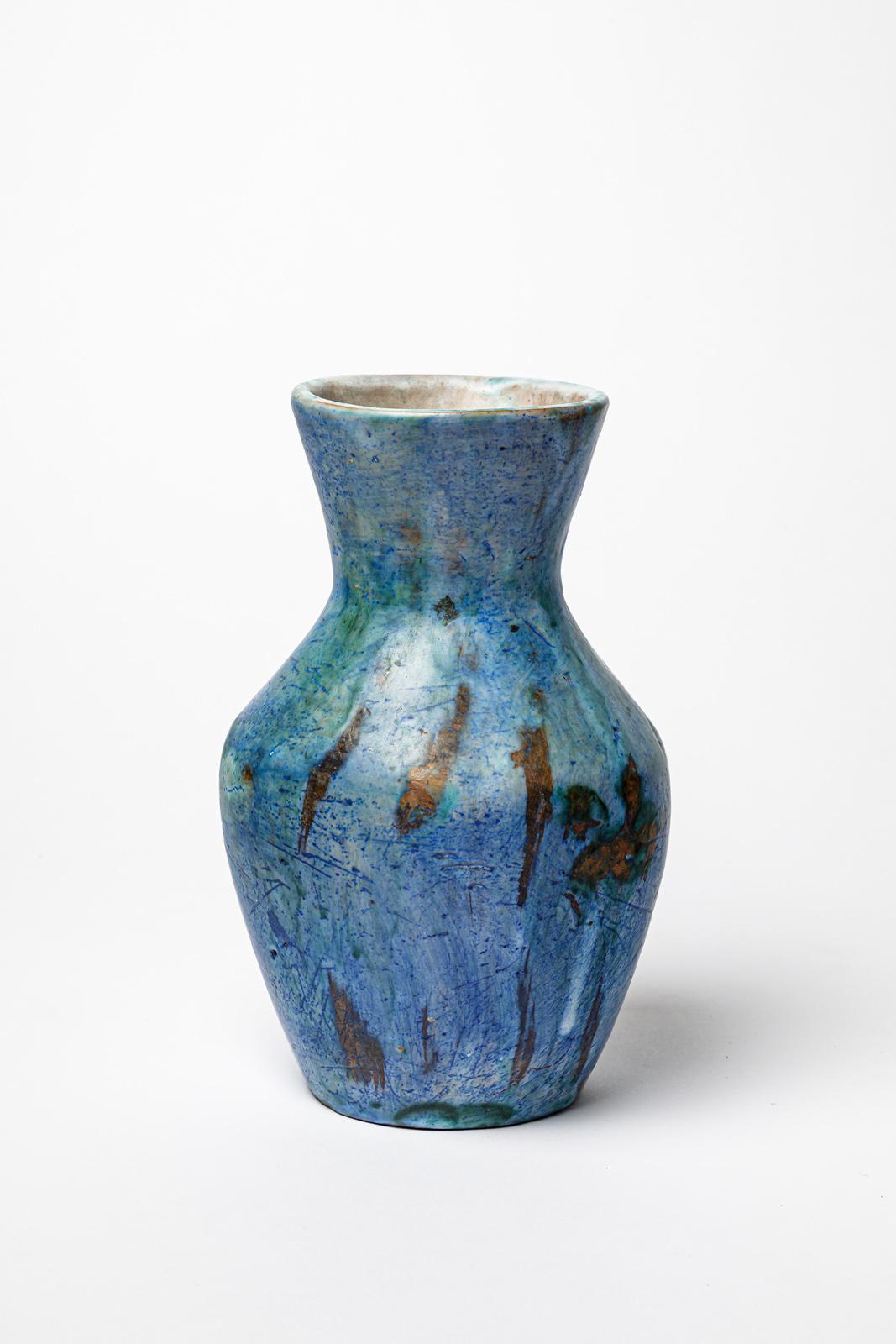 20th century blue abstract ceramic vase design unique piece 22 cm In Excellent Condition For Sale In Neuilly-en- sancerre, FR