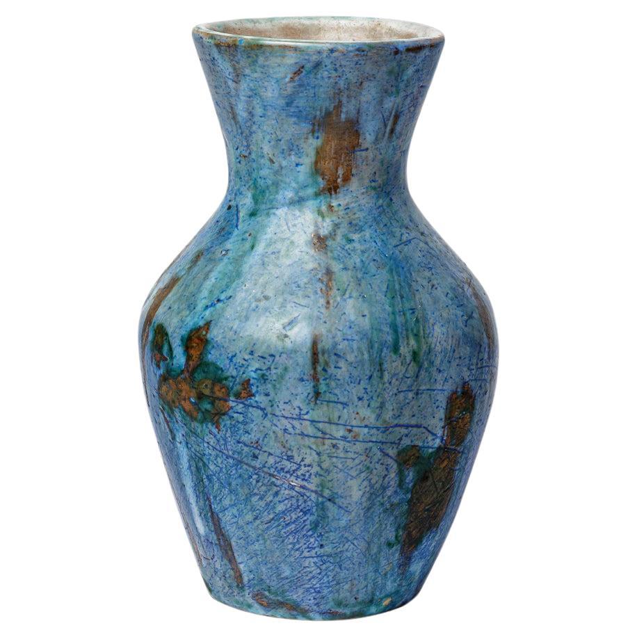 Blaue abstrakte Keramikvase des 20. Jahrhunderts, einzigartiges Stück, 22 cm
