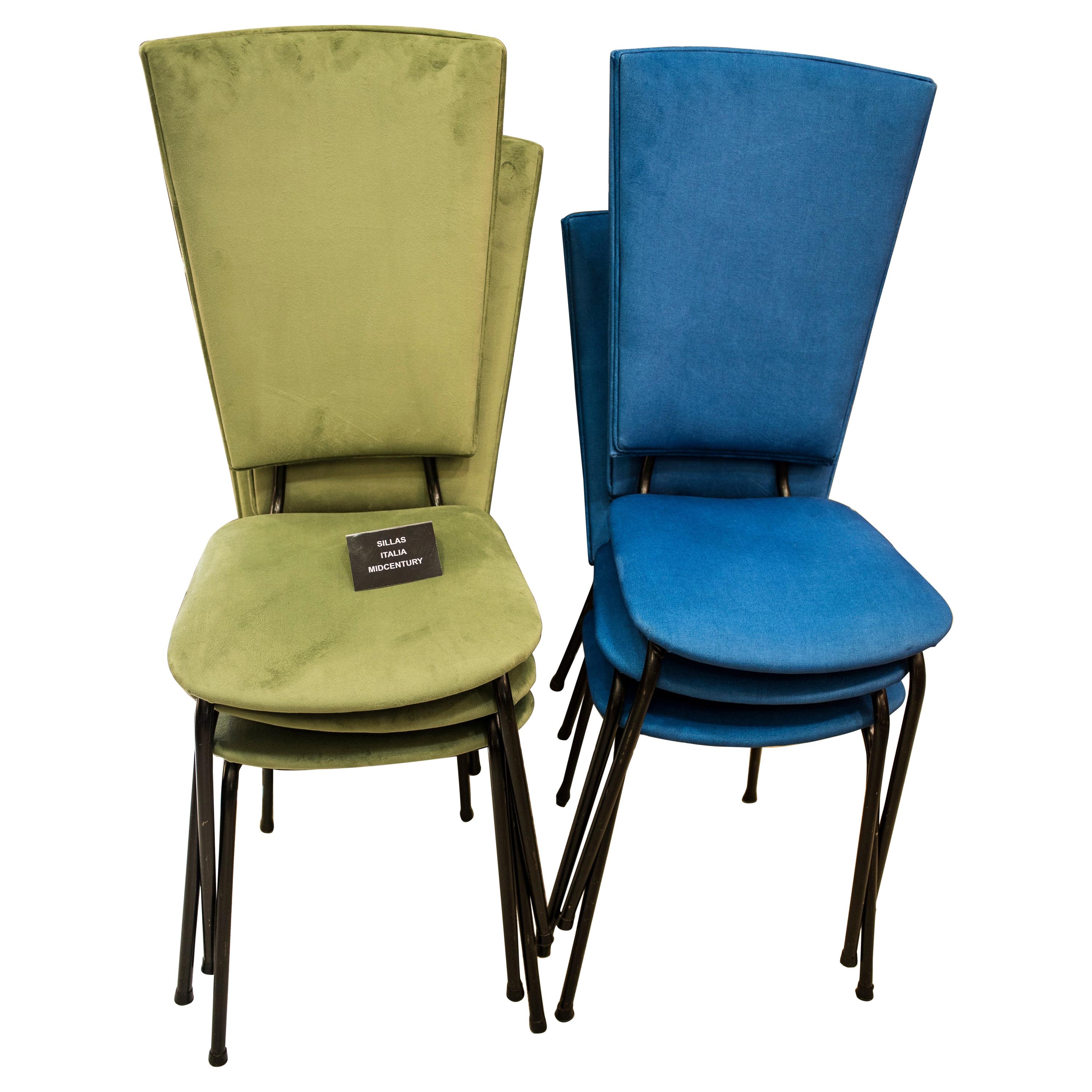 20th Century Blue and Green Fabric and Iron Italian Set of 6 Chairs , 1950