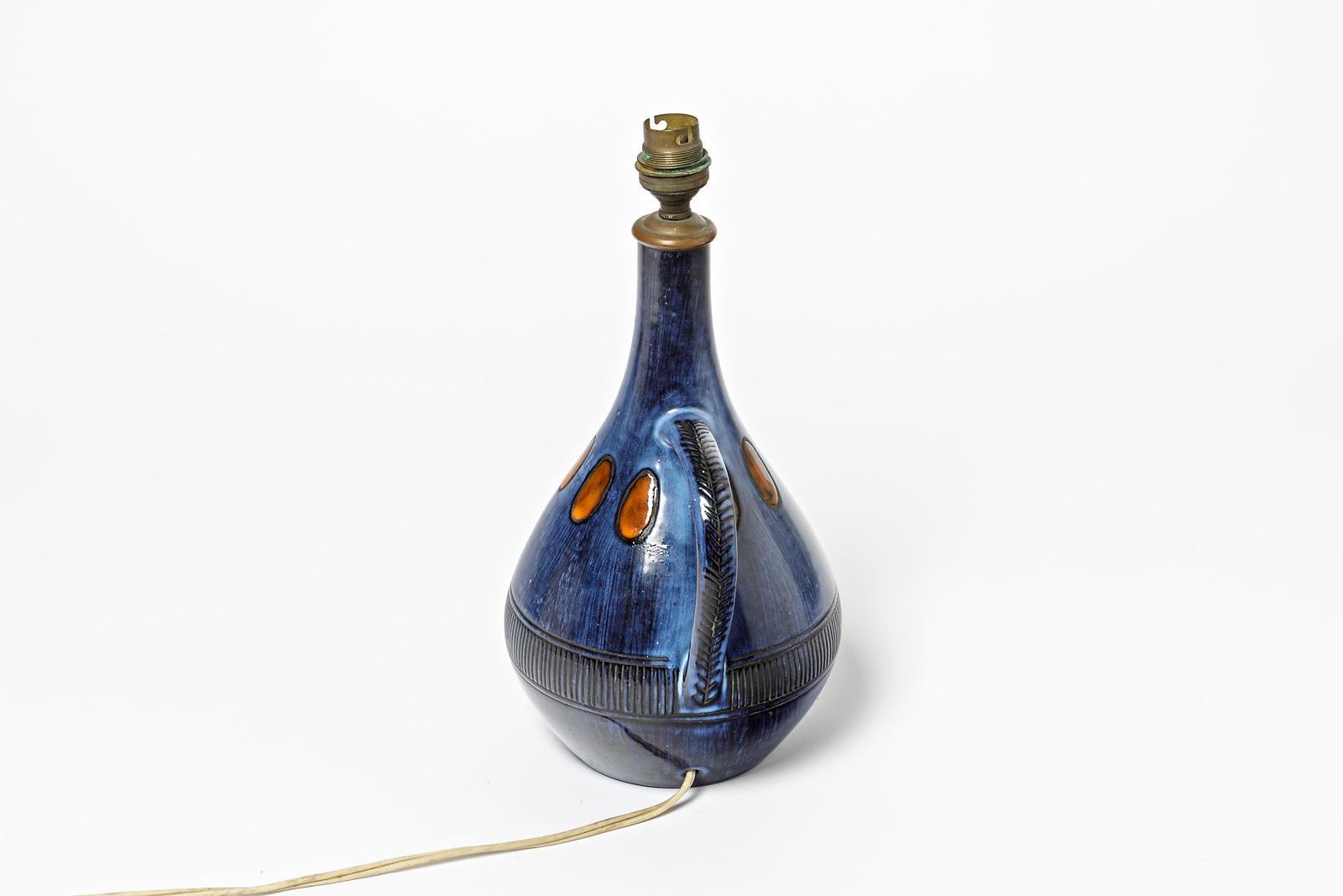 Mid-Century Modern Lampe de table en céramique bleue et orange du XXe siècle par Guy Roland Marcy Vallauris en vente