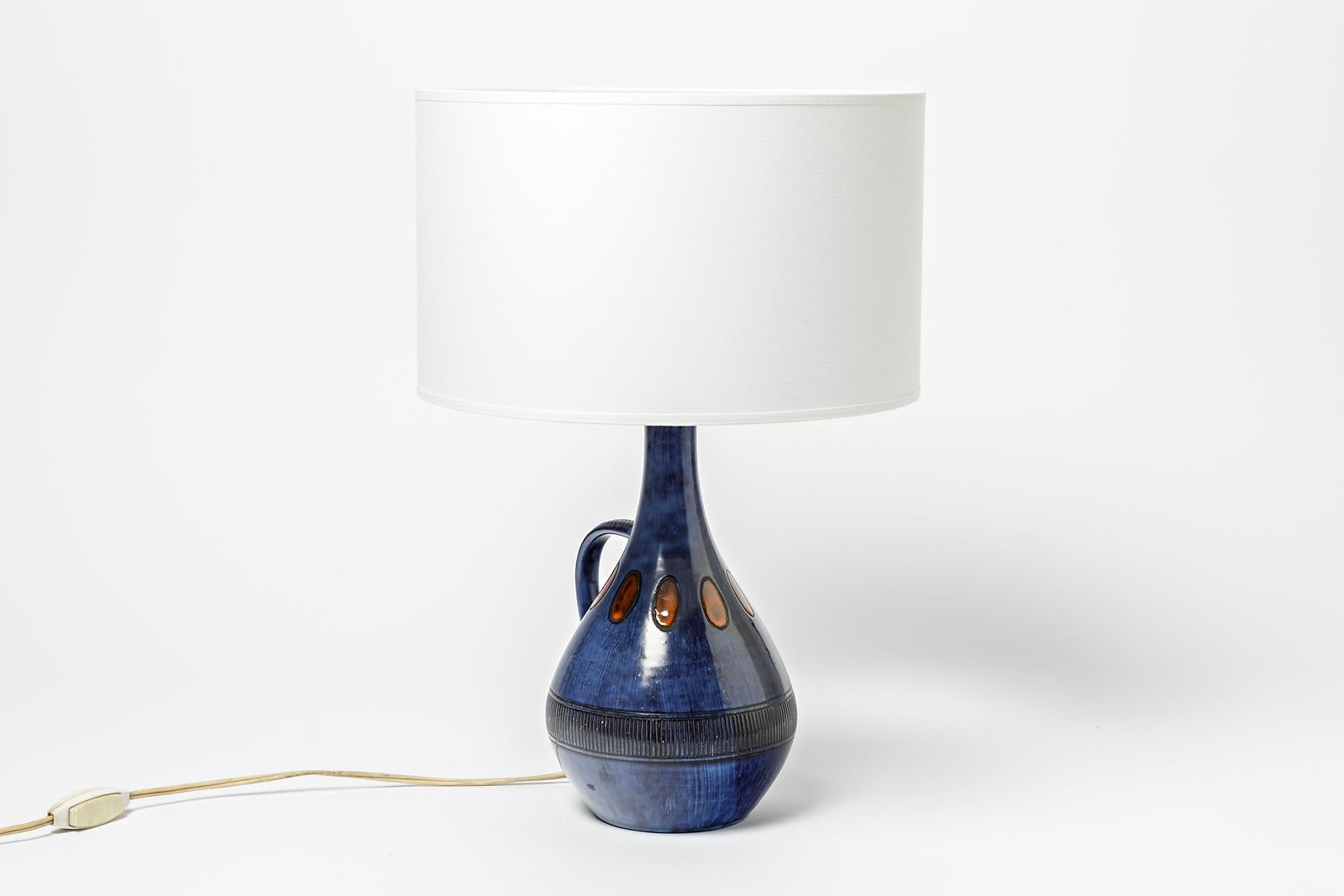 French 20th Century Blue and Orange Ceramic Table Lamp by Guy Roland Marcy Vallauris For Sale