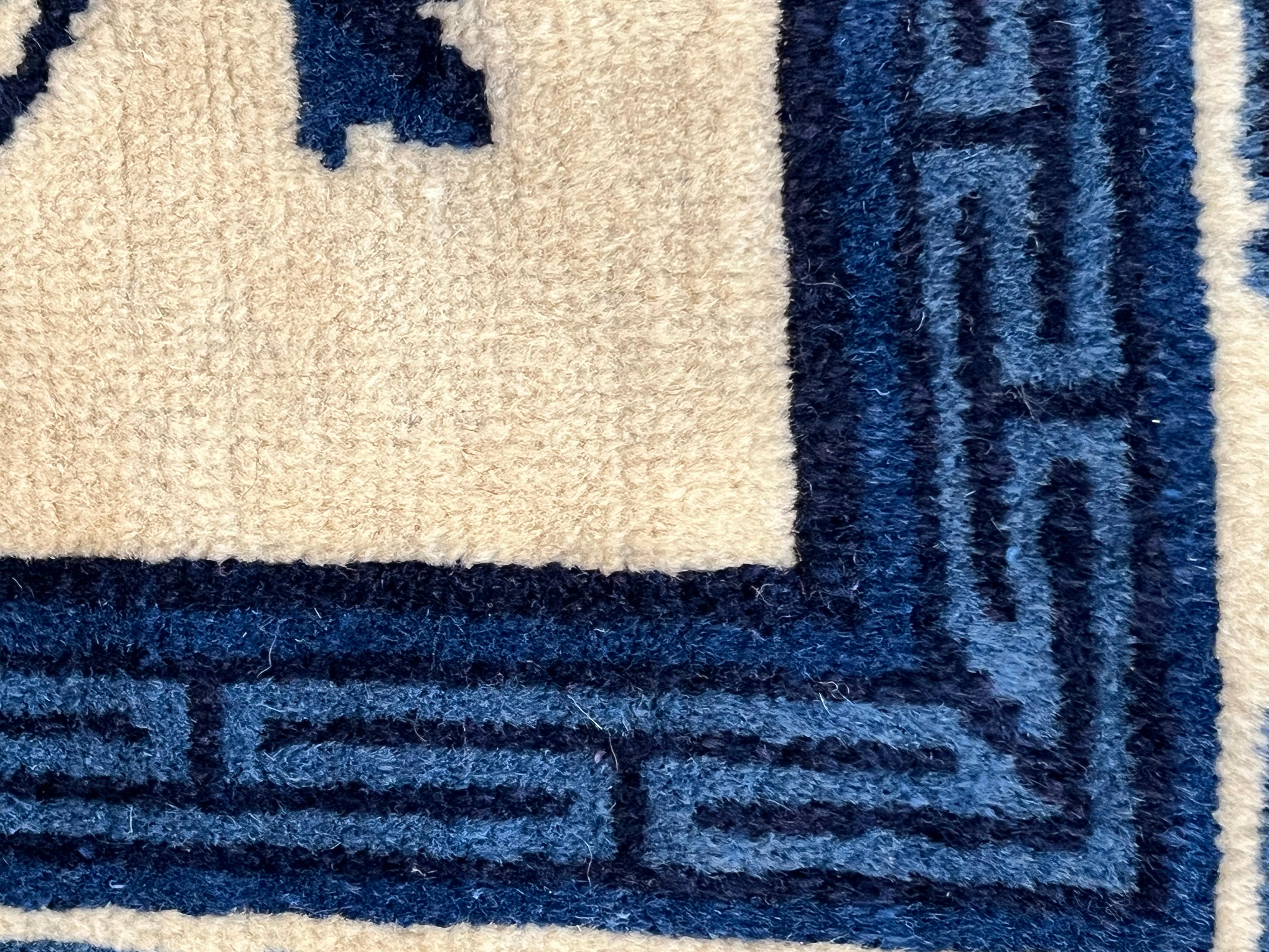 20th Century Blue and White Floreal Peking Chinese Handmade Rug, ca 1930 For Sale 2