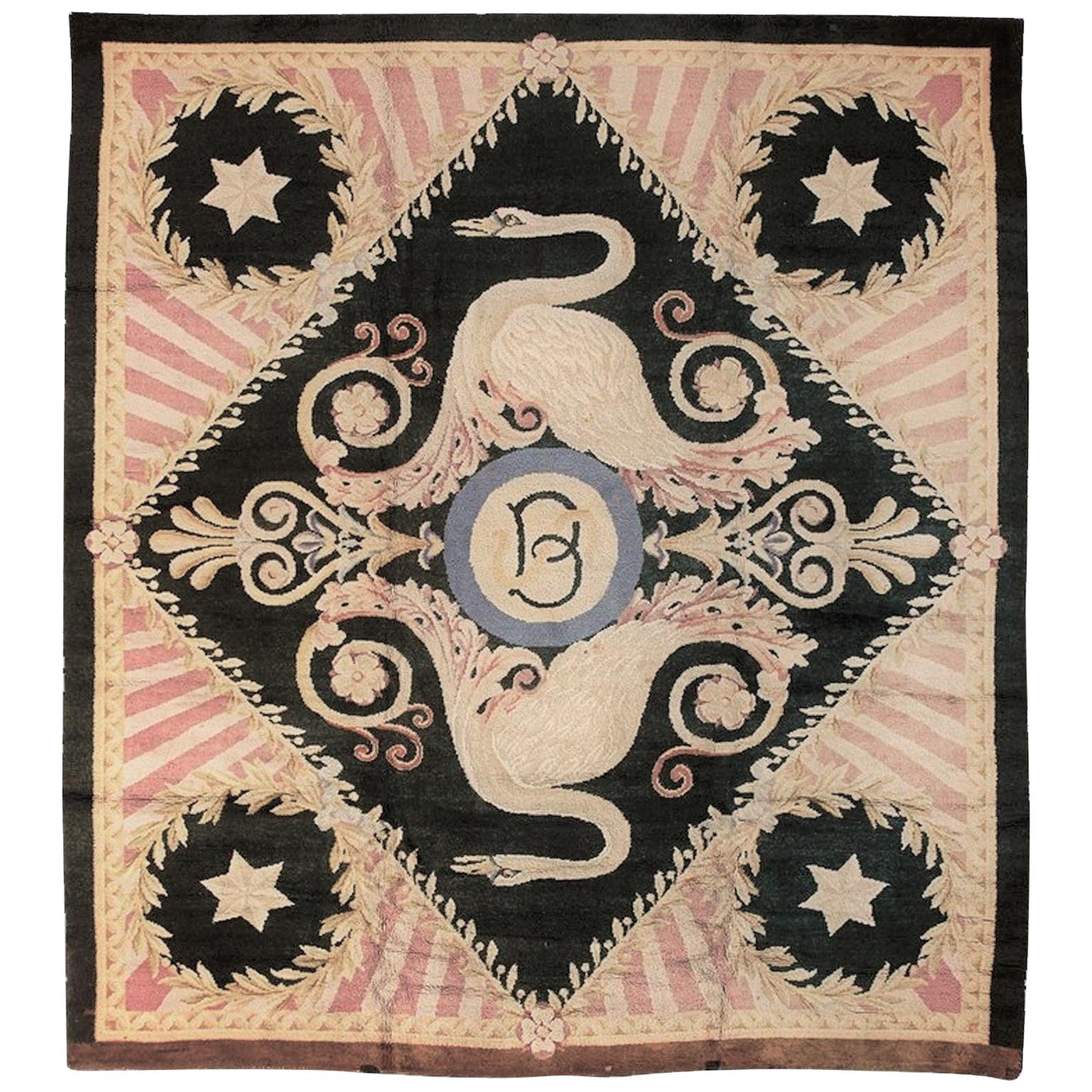 20th Century Blue and White Floreal Swans Rug by Reginald Toms, circa 1920