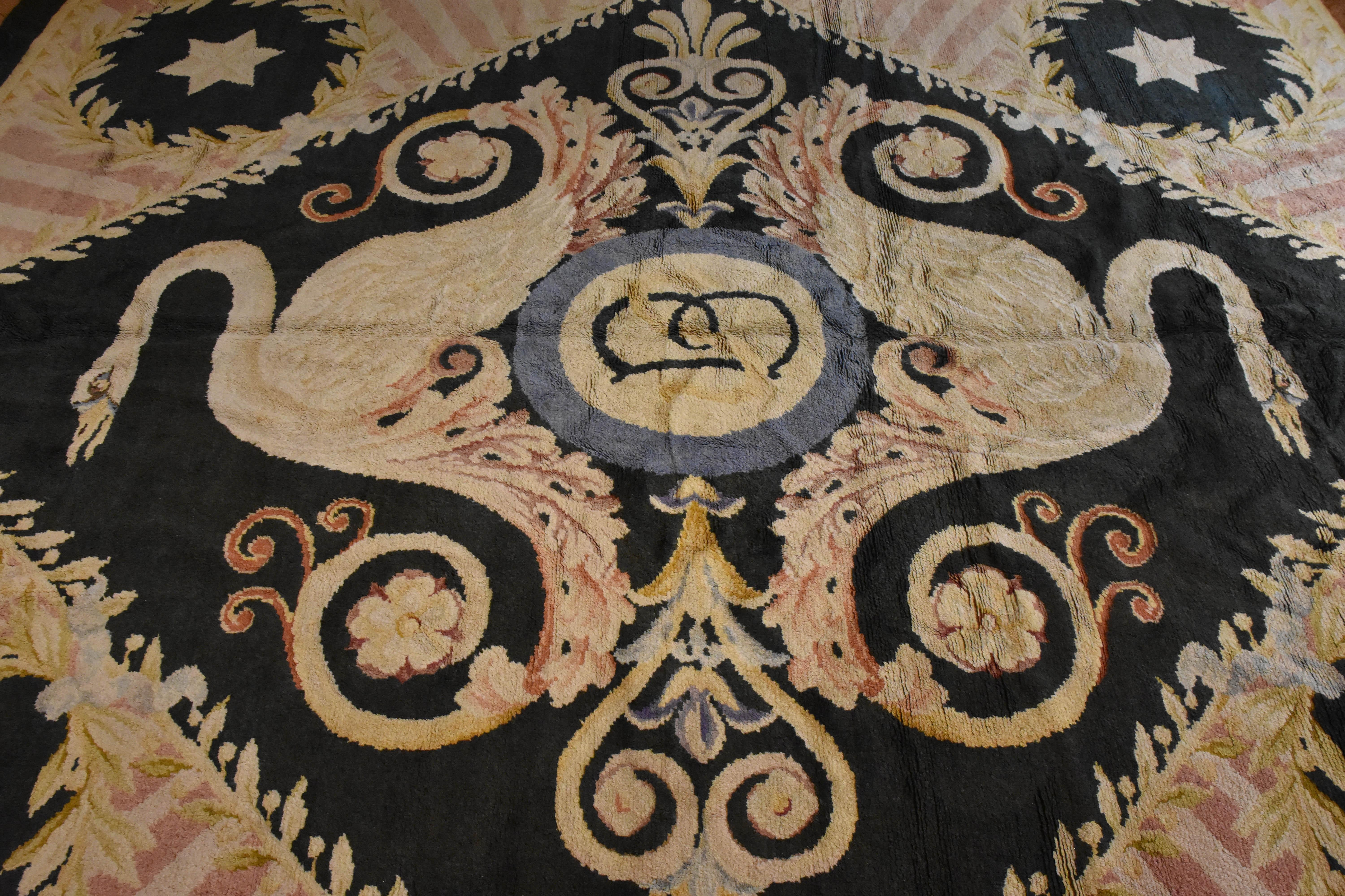 Spanish 20th Century Blue and White Floreal Swans Rug by Reginald Toms, circa 1920 For Sale