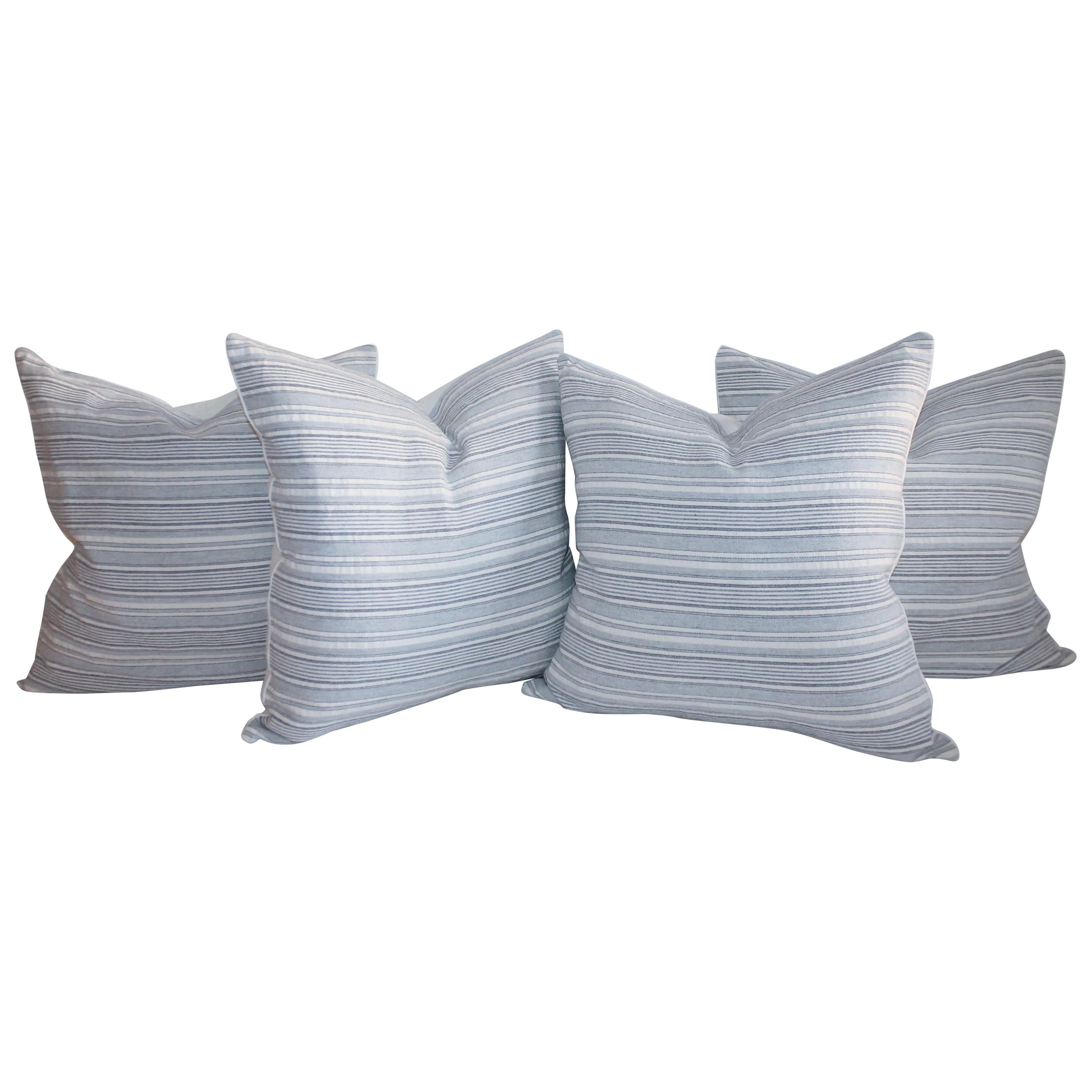 20th Century Blue and White Ticking Pillows, Collection of Four