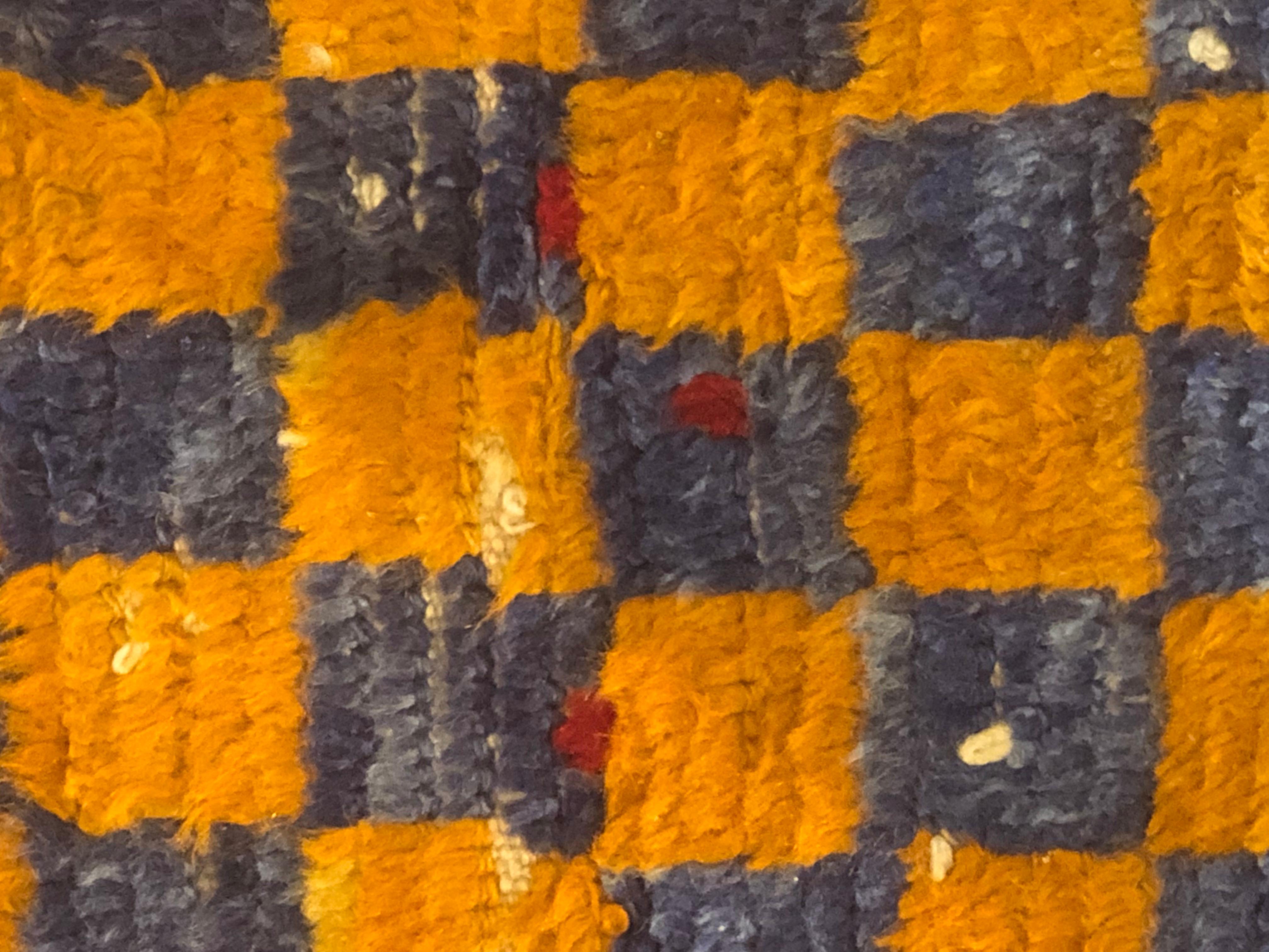 20th Century Blue and Yellow Chess Design Turkish Tulu Rug, Ca 1950 9