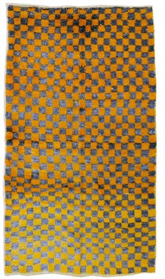 20th Century Blue and Yellow Chess Design Turkish Tulu Rug, Ca 1950