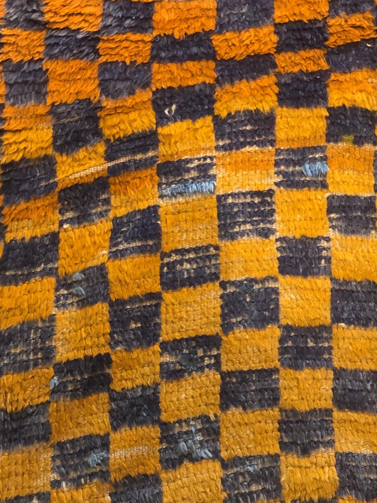 20th Century Blue and Yellow Chess Design Turkish Tulu Rug, Ca 1950 For Sale 1