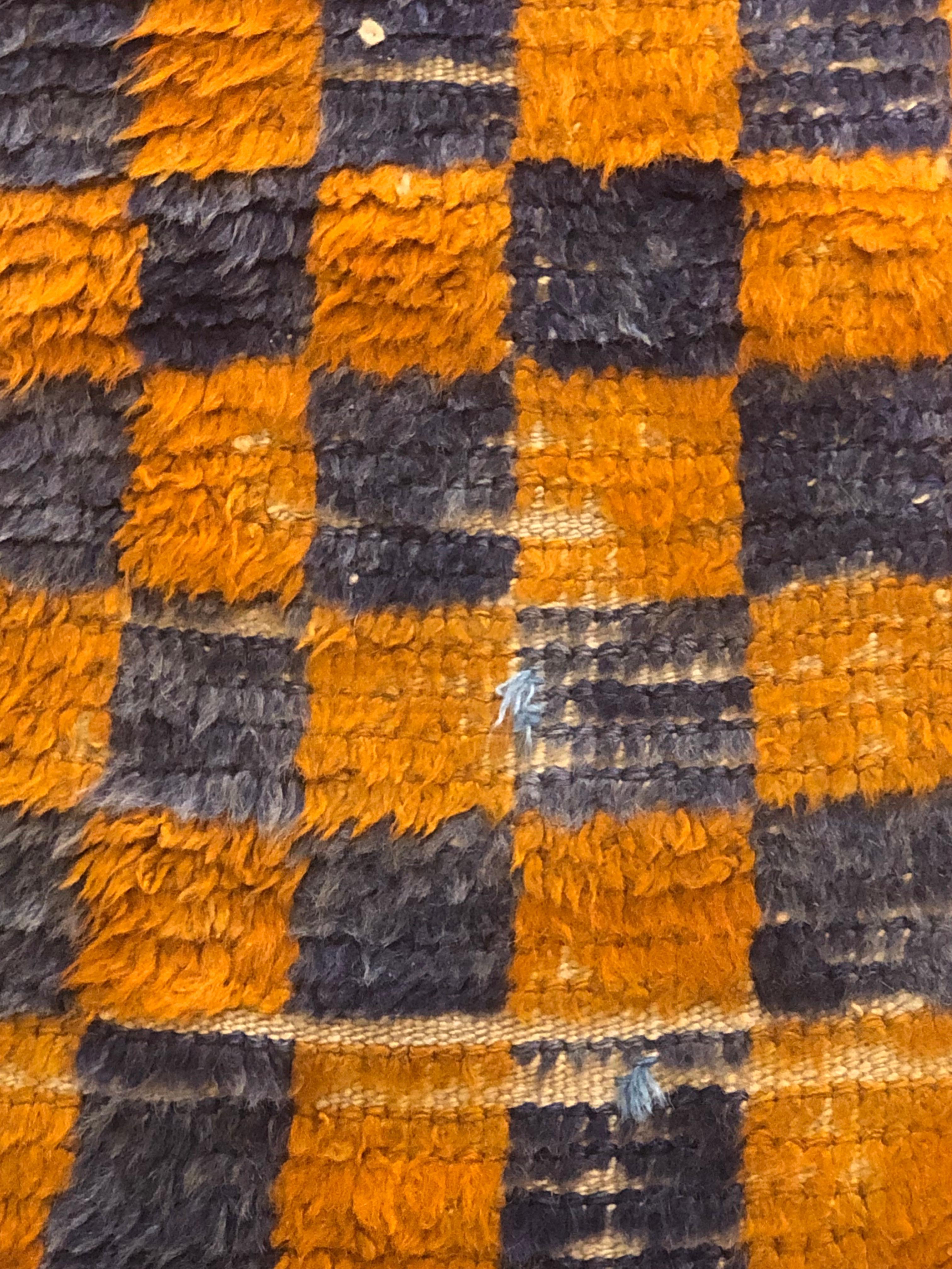 20th Century Blue and Yellow Chess Design Turkish Tulu Rug, Ca 1950 2