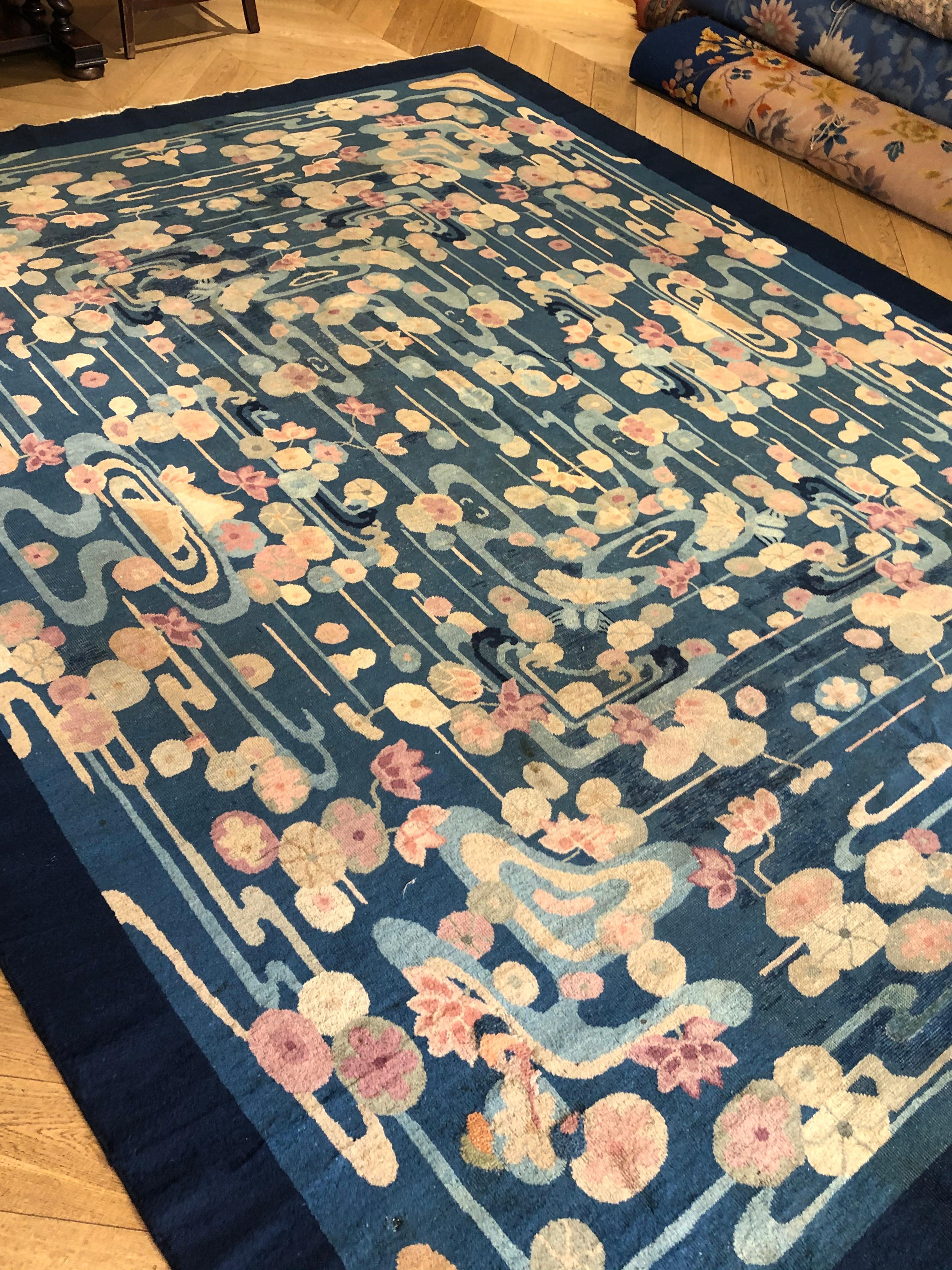 Hand-Knotted 20th Century Blue and Yellow Wool Liberty Art Deco Chinese Rug, circa 1930