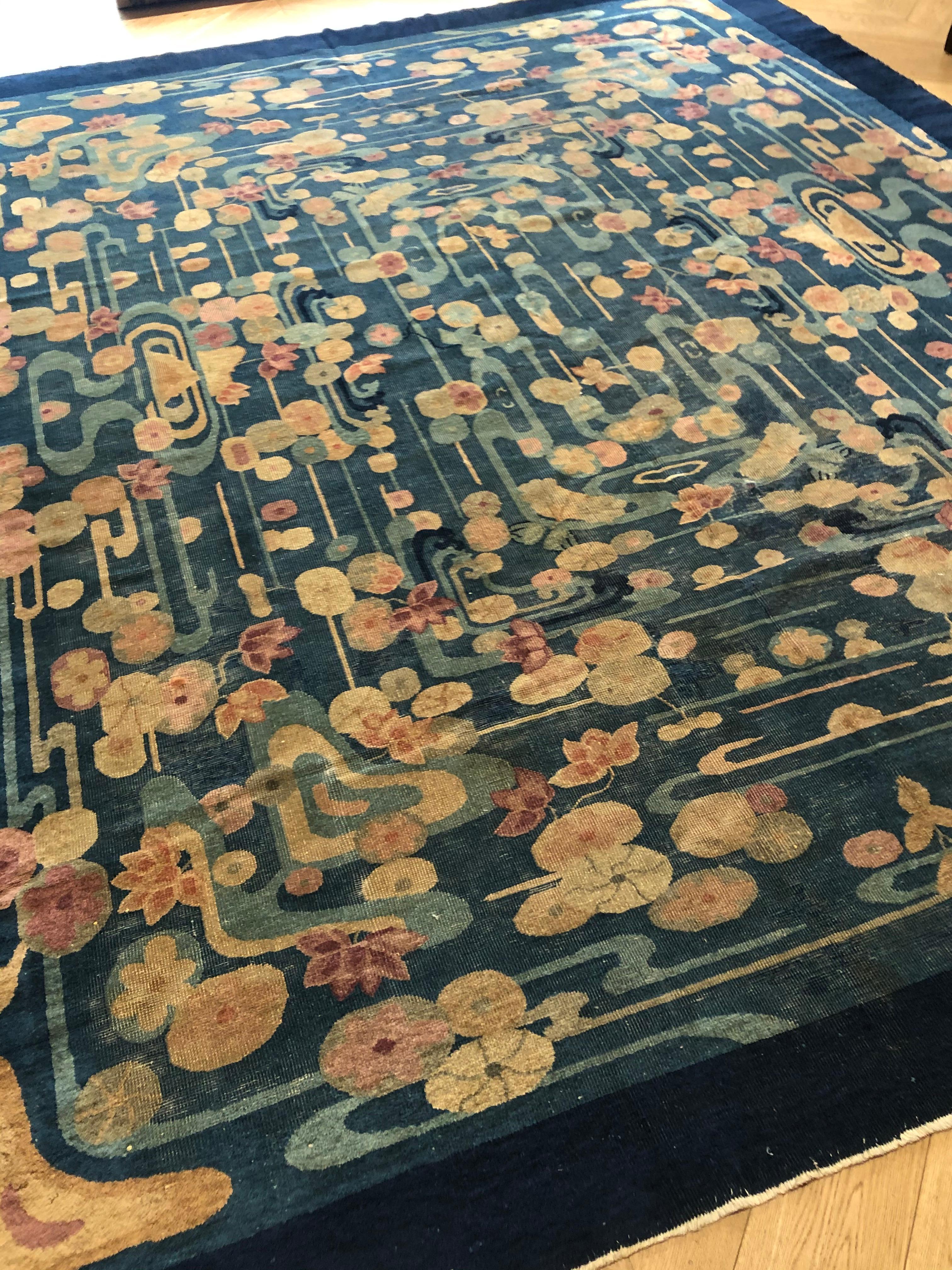 20th Century Blue and Yellow Wool Liberty Art Deco Chinese Rug, circa 1930 In Good Condition In Firenze, IT