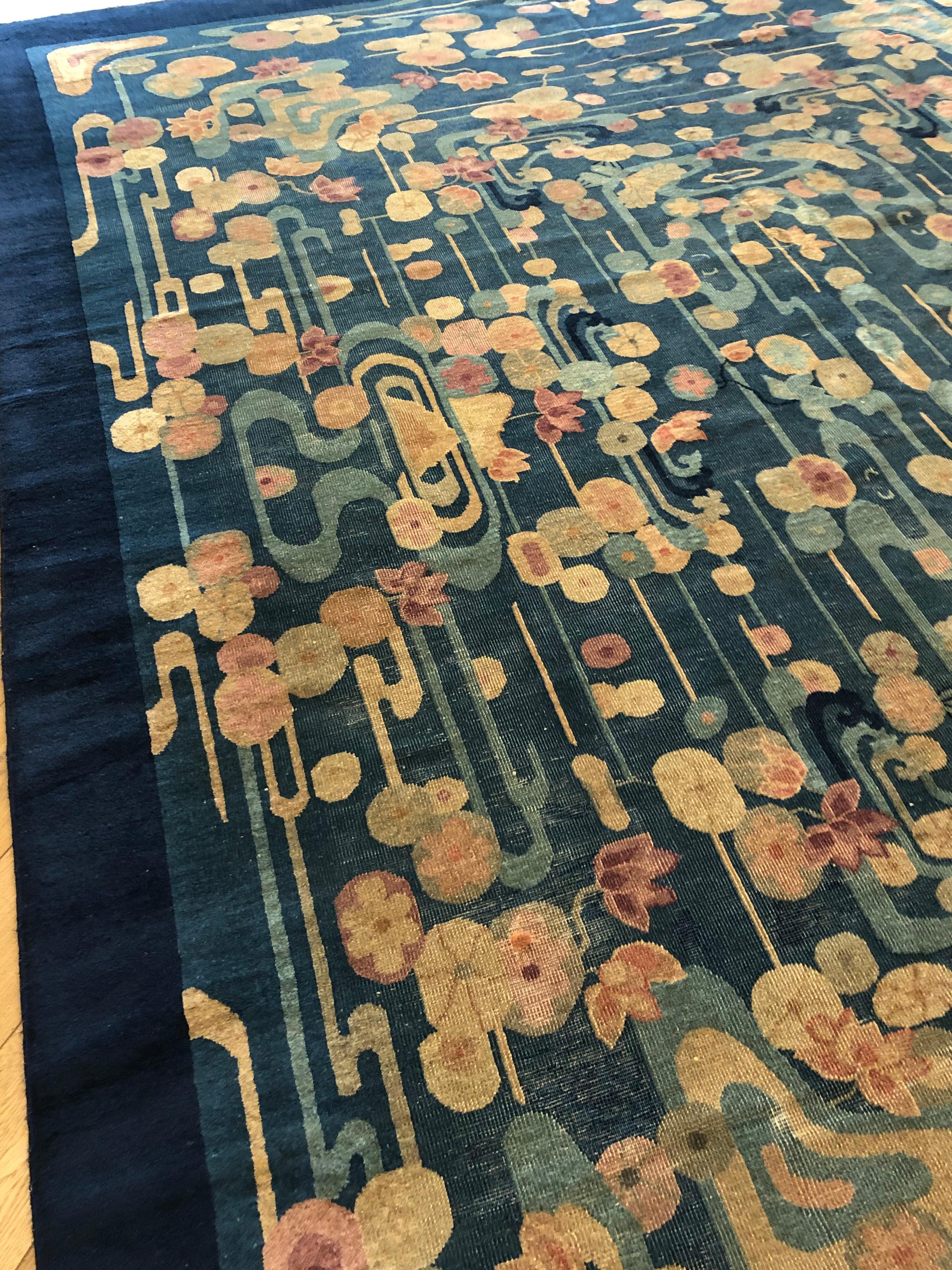 20th Century Blue and Yellow Wool Liberty Art Deco Chinese Rug, circa 1930 1