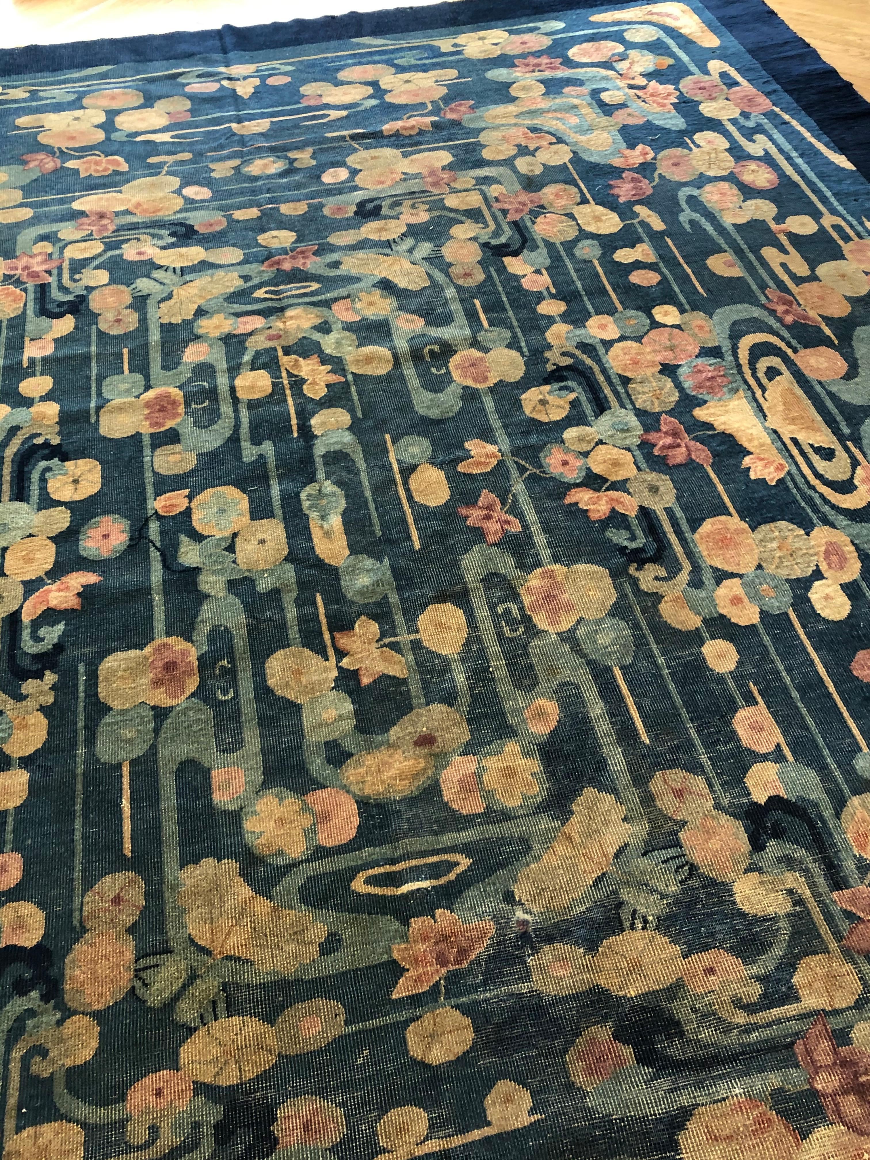 20th Century Blue and Yellow Wool Liberty Art Deco Chinese Rug, circa 1930 2