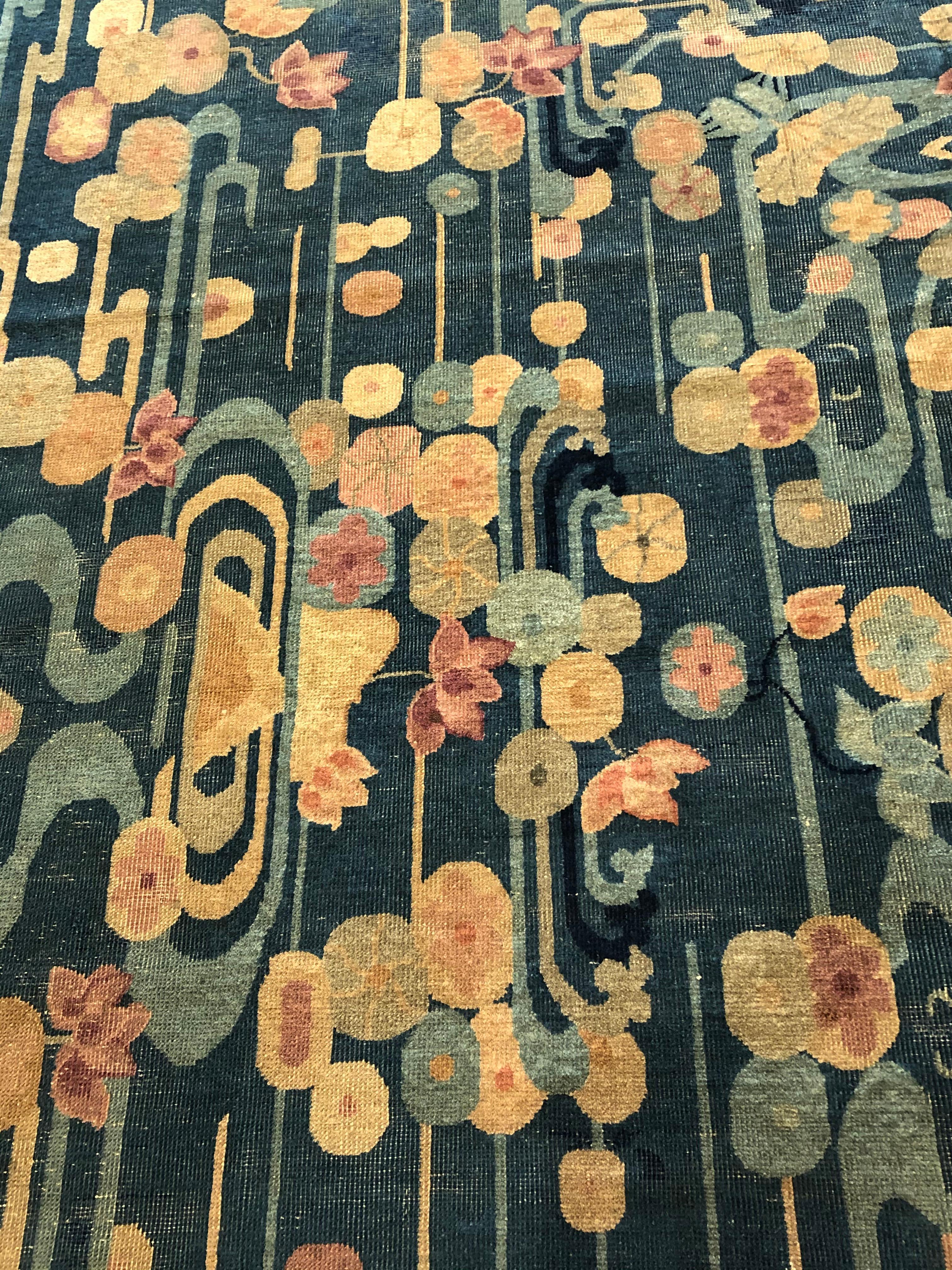 20th Century Blue and Yellow Wool Liberty Art Deco Chinese Rug, circa 1930 5