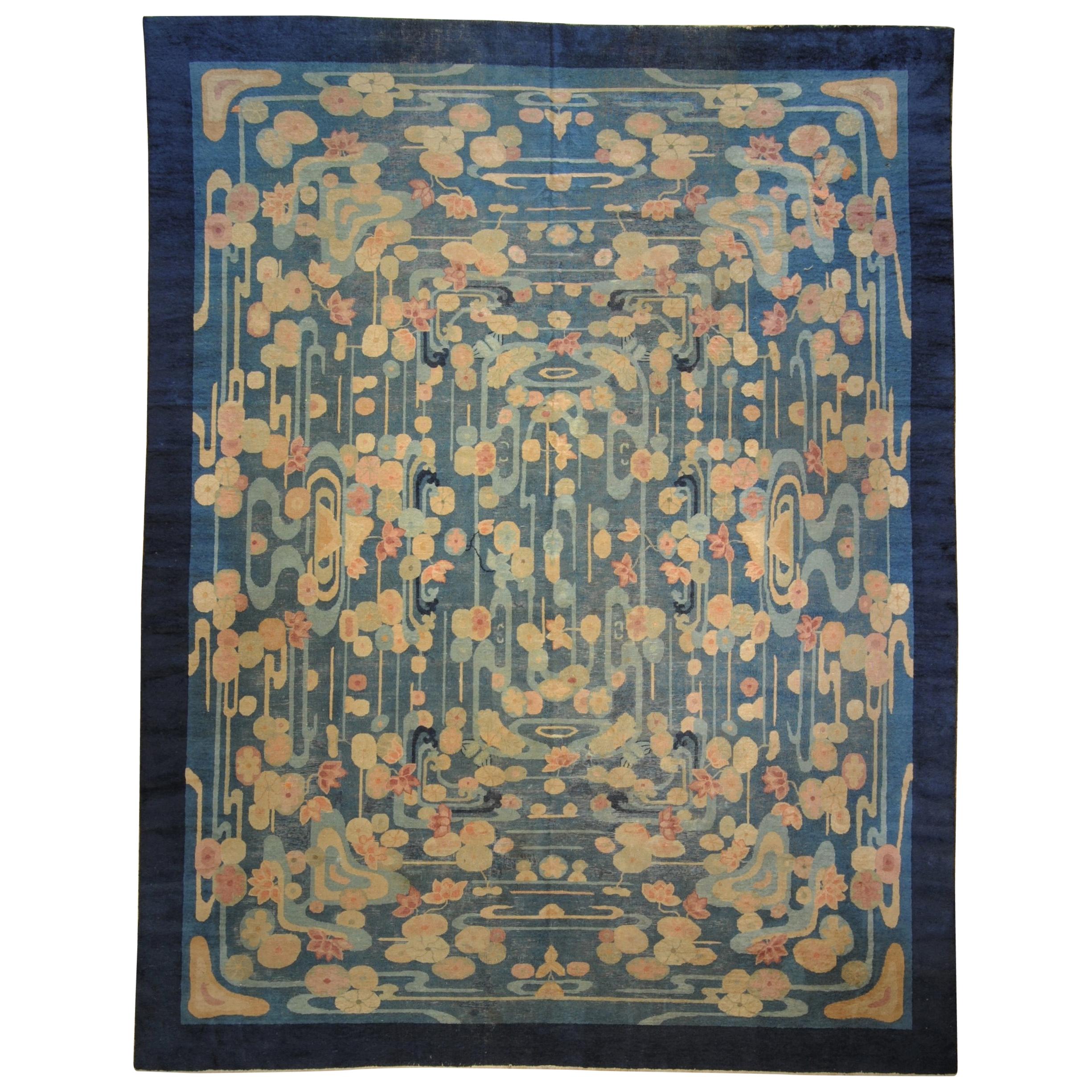 20th Century Blue and Yellow Wool Liberty Art Deco Chinese Rug, circa 1930