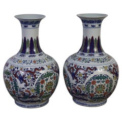 20th Century Blue Chinese Antique Famille Rose Porcelain Vases