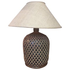 Vintage 20th Century Blue Demijon with Rattan Table Lamp