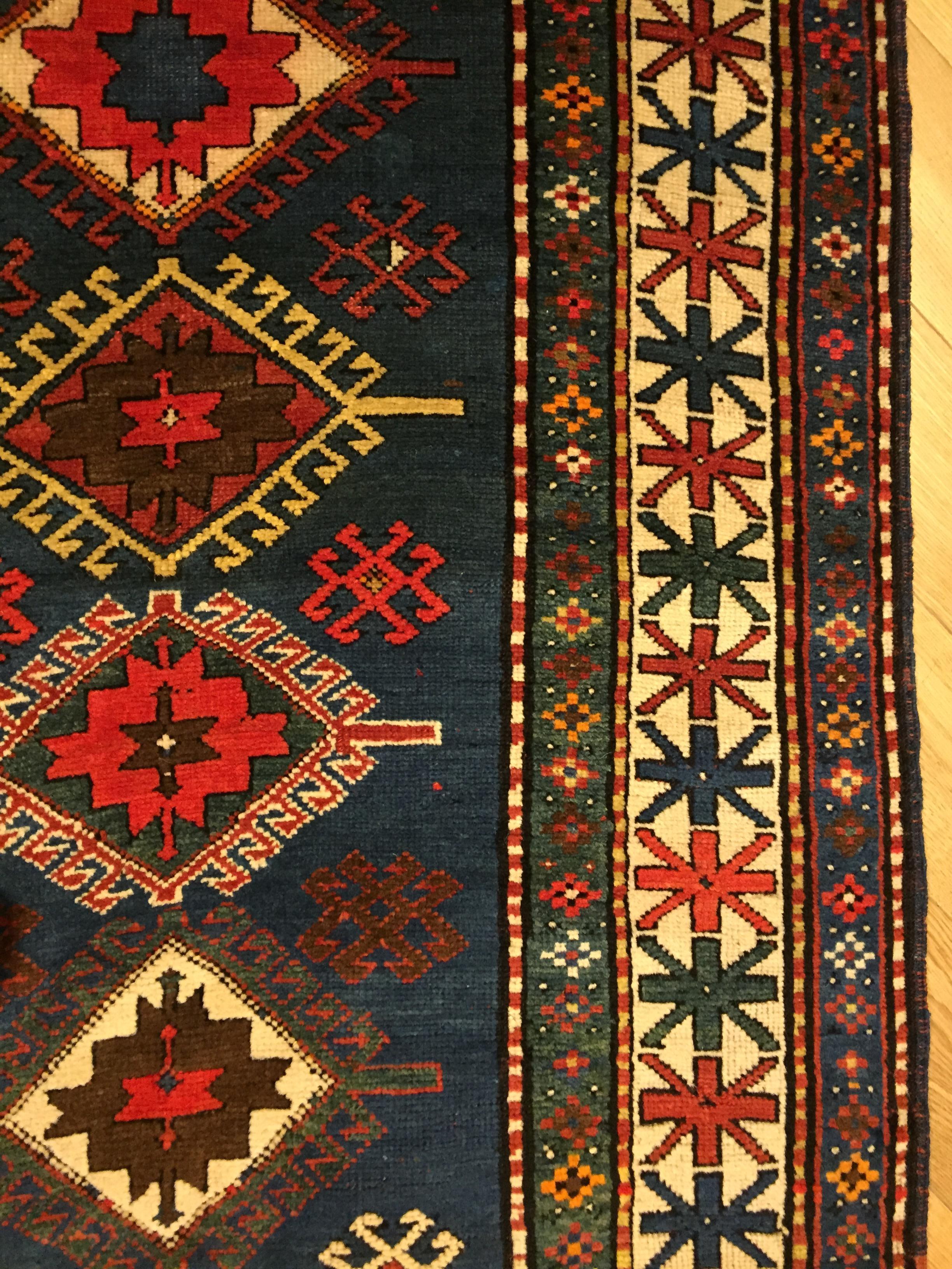 20th Century Blue Field Geometric with Rhombus in Wool Nomad Kazakh, Early 1900 For Sale 5