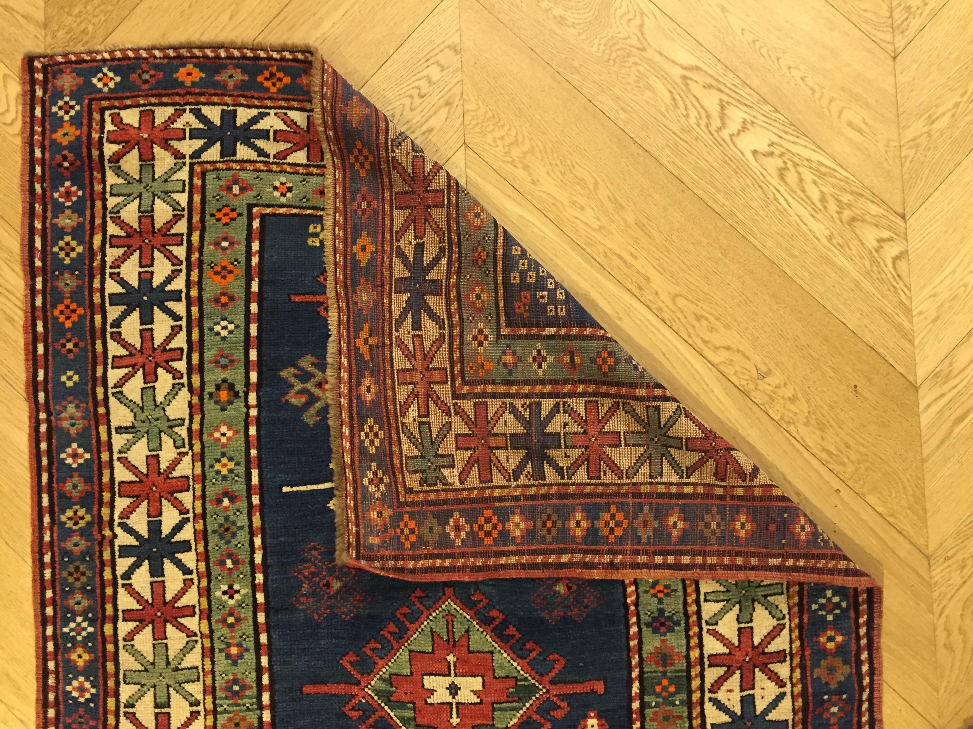 20th Century Blue Field Geometric with Rhombus in Wool Nomad Kazakh, Early 1900 For Sale 6