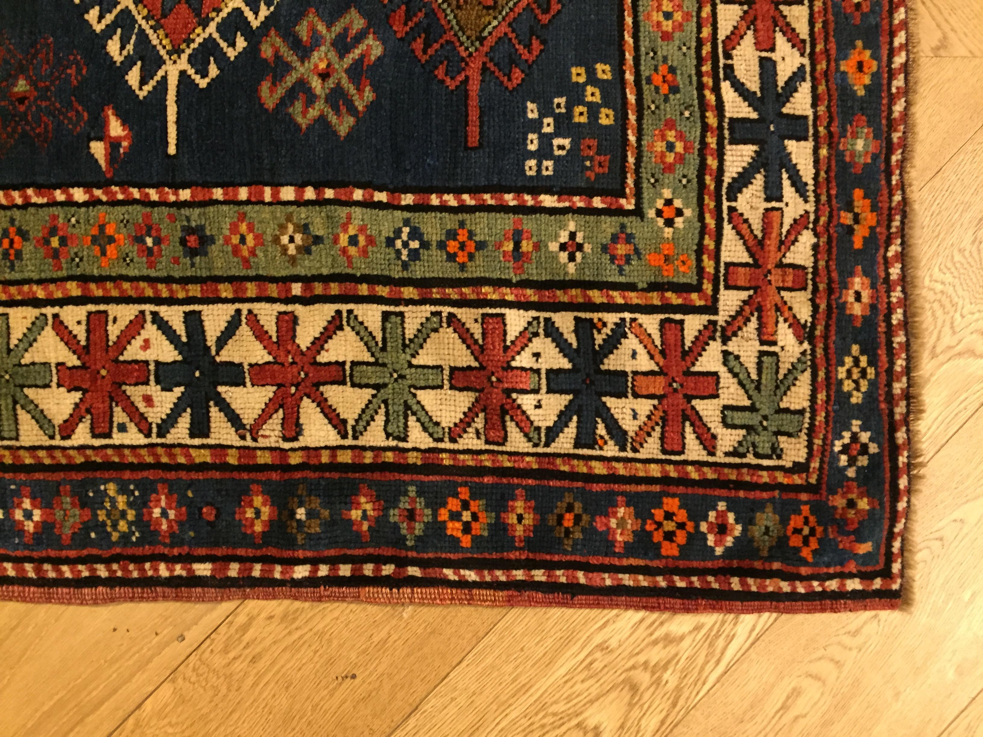 20th Century Blue Field Geometric with Rhombus in Wool Nomad Kazakh, Early 1900 For Sale 7