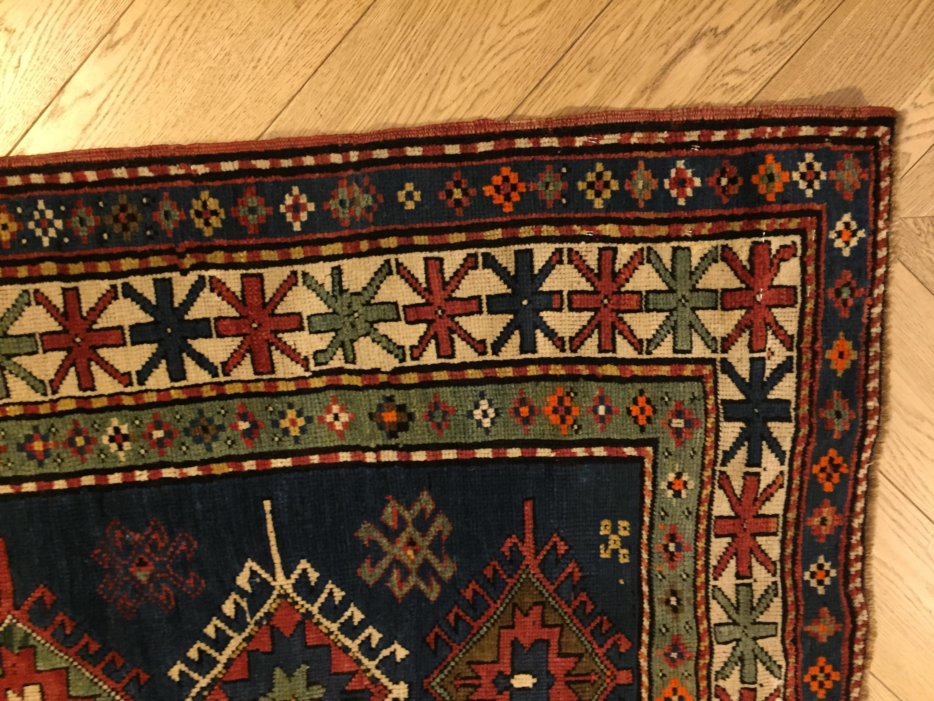 20th Century Blue Field Geometric with Rhombus in Wool Nomad Kazakh, Early 1900 For Sale 8